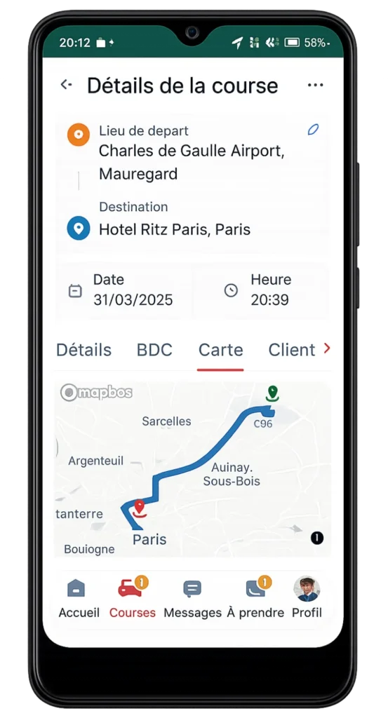 Carte et itinéraire dans l’application chauffeur Driver Connect