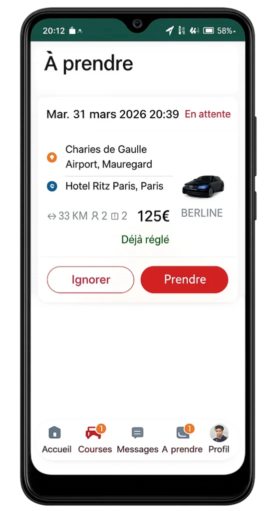 Écran À prendre pour accepter ou ignorer une mission chauffeur Taxi - VTC