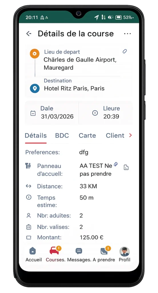 Détails complets d’une course dans l’application chauffeur Driver Connect