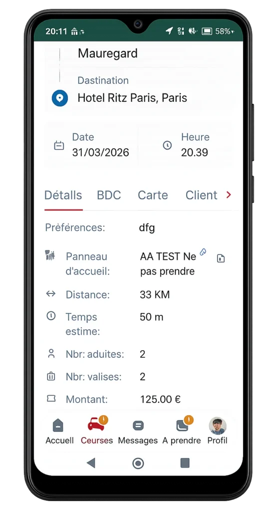 Informations détaillées de trajet dans l’application chauffeur Taxi - VTC