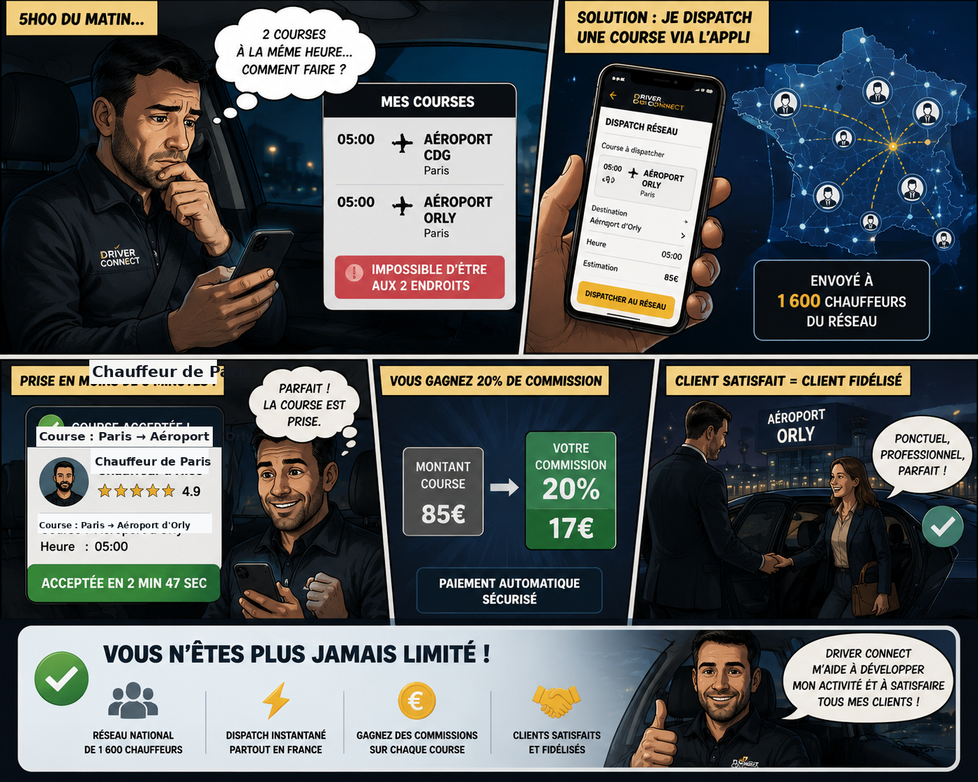 Bande dessinée expliquant comment dispatcher une course à 1600 chauffeurs Driver Connect et gagner 20 pour cent de commission