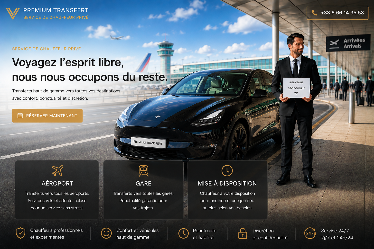 Exemple de site internet chauffeur privé premium transfert avec réservation aéroport
