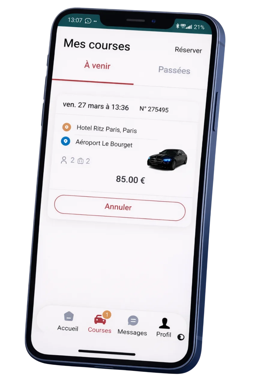 Formulaire de réservation trajet simple dans l’application client Taxi - VTC